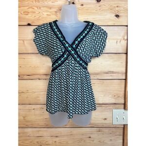 Max Studio Mesh‎ Empire Waist Top Geo Print Blouse Teal Green Small Vintage Baby